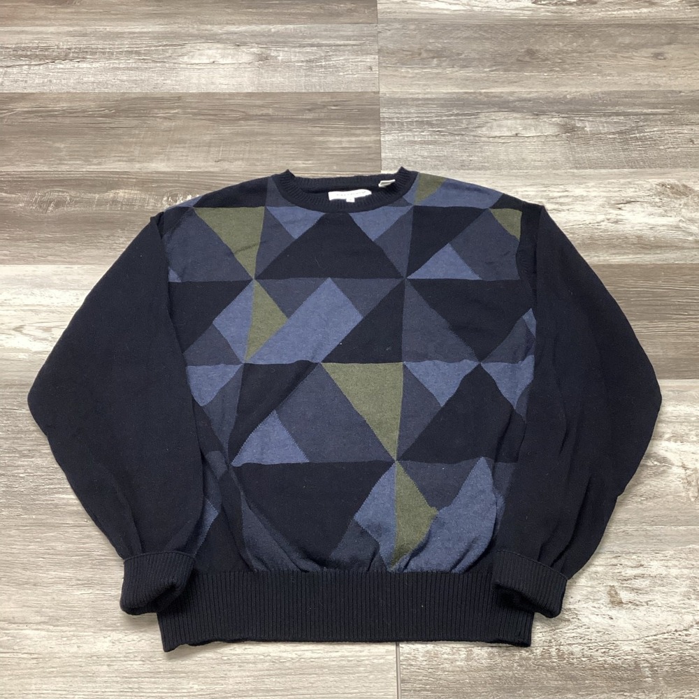 Alex Cannon Black‎ Blue Mens M Geometric Print Cotton Pullover Sweater patterned